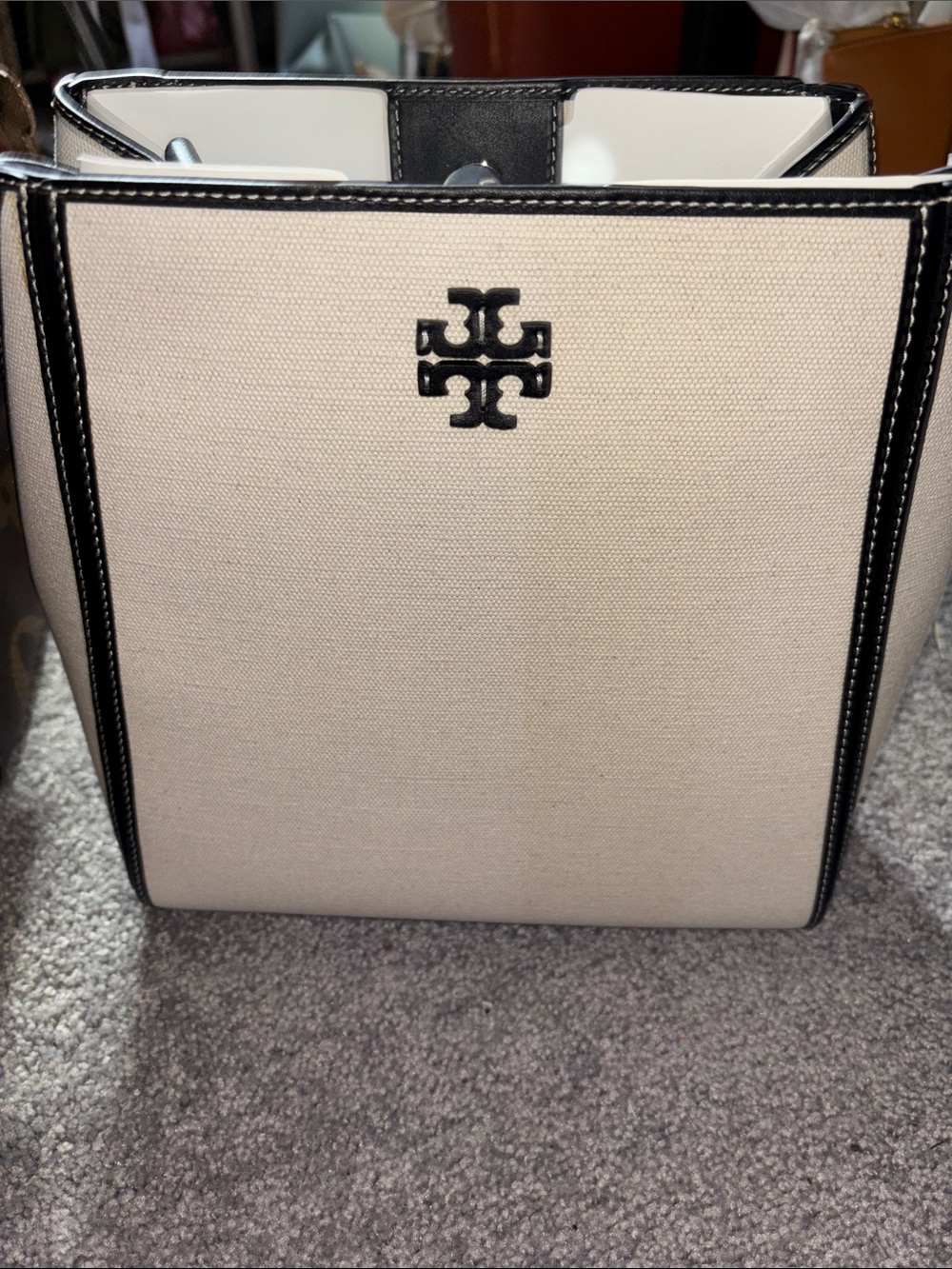 Tory Burch Ivory with Black Trim Bucket Bag!